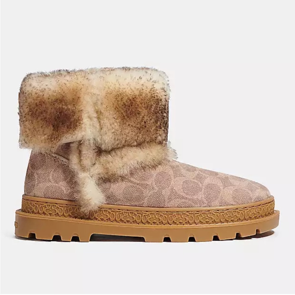 🔥🔥🔥COACH Women's Folded Stone Monogram 100% Shearling Tan Upper Bootie🔥🔥🔥